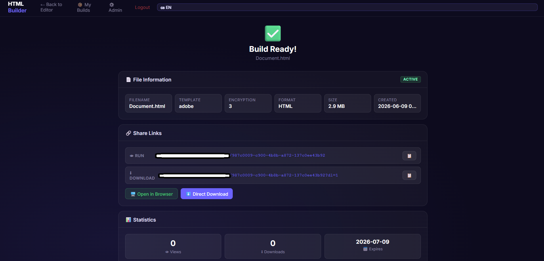 Quima Dropper build result panel
