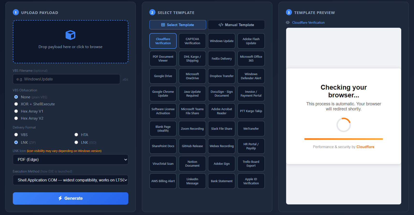 Quima Loader operator panel — upload payload, select template, generate stager